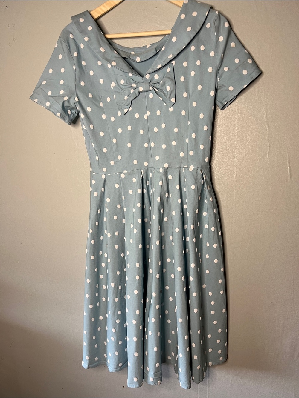 Women’s GownTown stretchy Light Blue Polka Dot Midi Dress with Sailor Collar